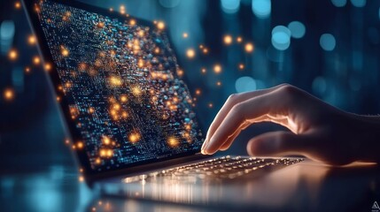 Wall Mural - data science coding on laptop with machine learning and ai technology in a digital workspace