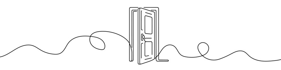 Open door icon. Continuous one line drawing of open door. Open door in one line style, isolated on white background. Vector illustration.