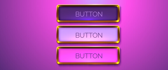 Gold rectangle isolated button. Golden design for empty emblem. Glossy golden metallic frame. 3D realistic vector shiny button