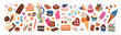 © Paper Trident - Set of cute confectionery. Different candies, lollipops, sweets, cookies, chocolates. Pastry desserts, bakery: cakes, ice creams. Flat isolated hand drawn vector illustration on white background