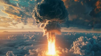 Wall Mural - a massive explosion of smoke and debris erupts from the base of a thick cloud