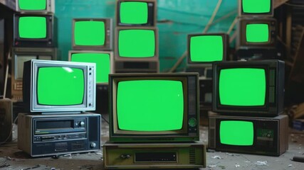 Wall Mural - A collection of vintage TVs with green screens, suitable for retro-themed projects or nostalgic designs