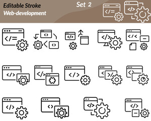 a web development icon set includes vector illustrations of coding and internet-related elements suc