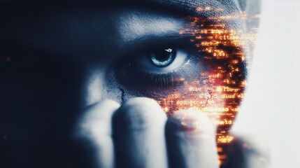 Wall Mural - digital eye: a close-up shot showcases an eye with code overlapping, symbolizing the digital age and