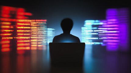 Wall Mural - digital silhouette: a lone figure, immersed in the glow of a laptop screen, navigates a complex digi