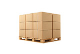Brown cardboard boxes arranged in orderly cube stack formation on wooden shipping pallet, isolated on a transparent background