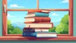 © リリ - 窓辺に積み重ねられた色とりどりの本が創り出す知識と学びへの憧れを表現した美しい静物画