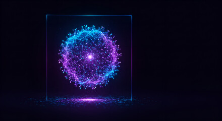 Wall Mural - luminous abstract sphere with connected dots inside a glowing cube. digital network technology conce