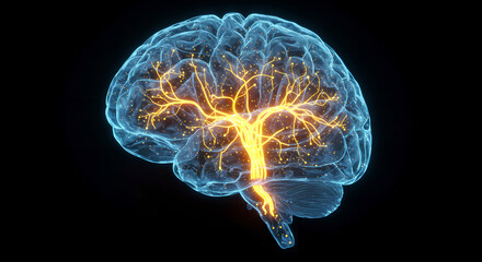 Wall Mural - human brain with glowing neural networks. intelligent mind concept. digital illustration of human an
