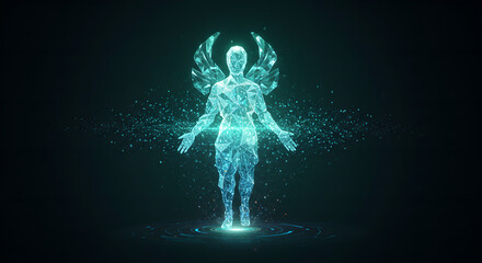 Wall Mural - digital angel. ai human with wings as metaverse avatar. futuristic concept of guardian artificial in