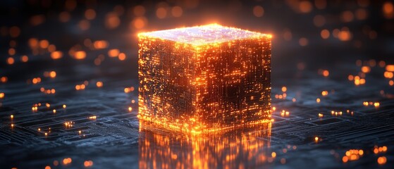 Sticker - glowing cube on dark surface with bokeh lights around it