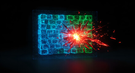 Wall Mural - a red explosion breaking through a wall of glowing blue and green data cubes, symbolizing a breakthr