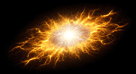 Wall Mural - bright exploding orange star on black background with electric energy and plasma. space science conc