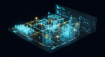 Wall Mural - digital city hologram showing smart urban planning. futuristic glowing buildings with data visualiza