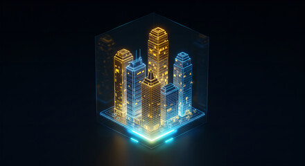 Wall Mural - digital city skyline with glowing buildings inside a data cube. smart urban infrastructure and futur