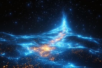 Wall Mural - Glowing blue energy waves cascade across a landscape under a starry sky, fantasy scene