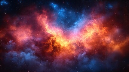 Wall Mural - A vibrant nebula with orange, red, and blue hues swirls across a star-filled cosmic expanse