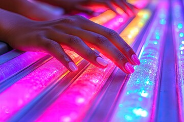 Canvas Print - hands gently touch colorful, illuminated tubes. captivating texture, light, vibrant and inviting