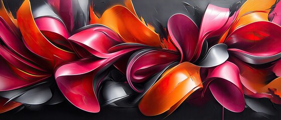 Wall Mural - A vibrant, abstract piece featuring flowing red, orange, and gray shapes on a dark background