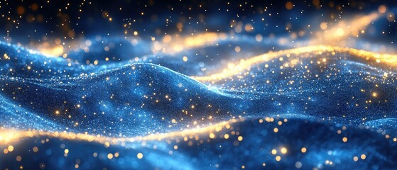 Wall Mural - abstract glowing particles float over wavy blue surface, dreamlike and sparkling