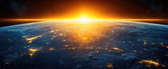 Wall Mural - earth from space view with bright city lights and sun rising over the horizon