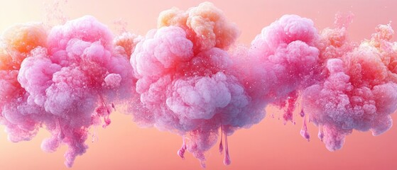 Wall Mural - pink, orange, and white wispy clouds drift on a peach background. powder-like plumes extend downward
