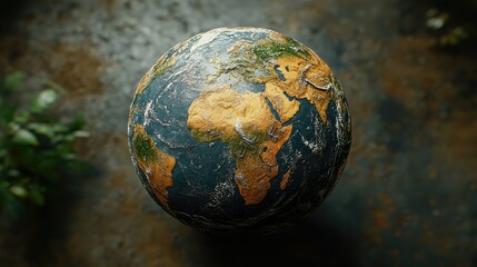 Wall Mural - An earth globe stands on a weathered surface with some greenery in the blurry background