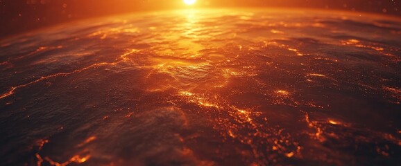 Wall Mural - fiery landscape view from space with a bright sun in the distance. lava planet surface