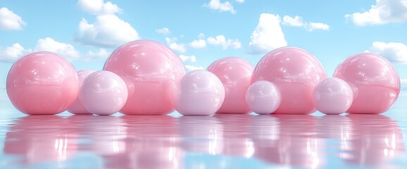 Poster - pink spheres rest on reflective surface with blue sky and clouds background, creating serene scene