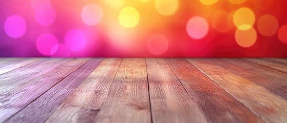 Canvas Print - perspective view of wood planks against blurry gradient bokeh in yellow, pink, & red hues