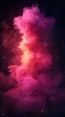 Wall Mural - pink and orange swirling nebula with starry glimmers over dark, smoky background