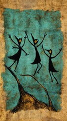 Wall Mural - whimsical, painted figures dance freely on branch against textured teal background