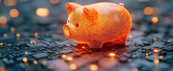 Canvas Print - a piggy bank glows, resting on a high-tech, dark, patterned surface with scattered yellow lights