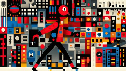 Wall Mural - Geometric figure walks in abstract cityscape with red, blue, black, and white shapes