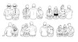 © JollyRita - Eight loving couples and families sit together from behind in a monochromatic sketch style, silhouette