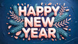 © MOSTFAOZIA - A stylized typographic design featuring the text HAPPY NEW YEAR in large, coral-pink 3D letters with a glossy effect against a dark navy blue background