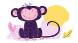 Cute cartoon monkey illustration with a playful expression, surrounded by colorful leaves and a bright yellow sun, showcasing a whimsical and cheerful atmosphere