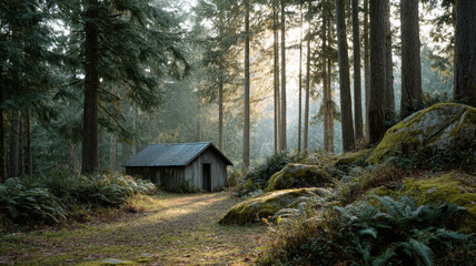 Wall Mural - serene cabin nestled among towering trees, catching the first golden rays of sunlight, surrounded by