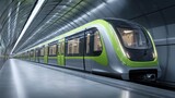 A sleek, modern green and gray subway train stands in a well-lit underground station tunnel, ready for departure.