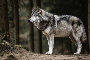  Side profile of a gray wolf walking along a forest trail in side lighting