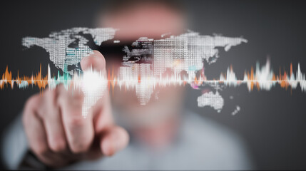 Wall Mural - global connection: a visionary gesture from a person, the image depicts the world with technology as