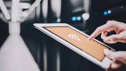 Wall Mural - data connection: a close-up shot of a hand interacting with a tablet screen, highlighting the seamle