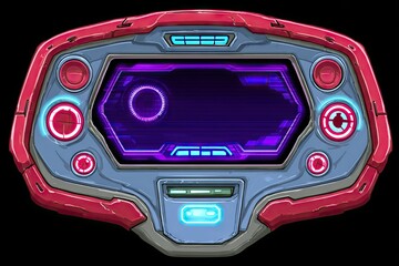 Futuristic, handheld console with glowing display