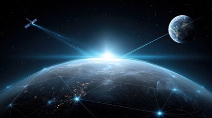 A satellite orbits Earth, transmitting signals across a networked planet with the Moon visible in the background under a starry cosmic sky.