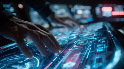 Wall Mural - close up of a hand interacting with an advanced digital touchscreen interface, featuring glowing blu