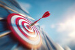© alisluch - Red dart hitting center of target with motion blur, symbolizing precision, focus, goal, success, performance, and strategy. Copy space