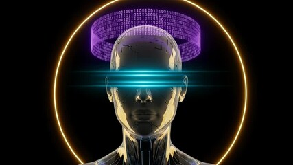 Futuristic Head with Glowing Eyes and a Rotating Binary Data