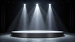 © MD. ABDUS SALAM - Empty circular stage podium illuminated by three bright spotlights with falling glitter particles
