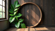 © Galeno - circular wooden frame surrounds vibrant green foliage rich dark wood floor soft natural light casting warm shadows throughout