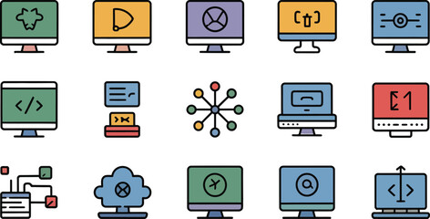 Colorful computer and website icons on screens